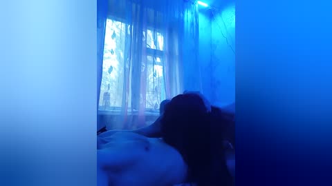 Video of a dimly lit bedroom with a blue tint, featuring sheer white curtains, a large window, and a person's shadowy silhouette lying on a bed.