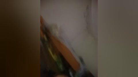 A blurry, dimly-lit video of a person in a white t-shirt, possibly a woman, with an indistinct, possibly green, background. The image is out of focus, making it difficult to discern details.