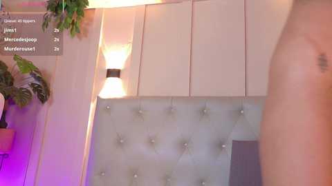 Video of a modern, minimalist room with a tufted, light gray upholstered headboard, green plants, and a black wall-mounted lamp.