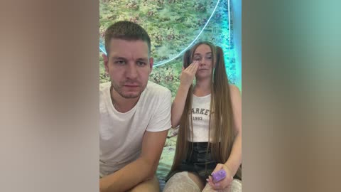 Video of a young man with short hair, wearing a white t-shirt, sitting beside a woman with long hair, wearing a \"BASKETBALL\" t-shirt and shorts, in a dimly lit room with a mural backdrop.