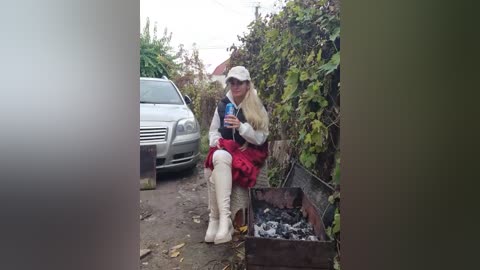 Video of an elderly woman in a white dress and hat, sitting on a wooden bench beside a charcoal grill, holding a blue water bottle. She is surrounded by a lush garden with a white car parked nearby.