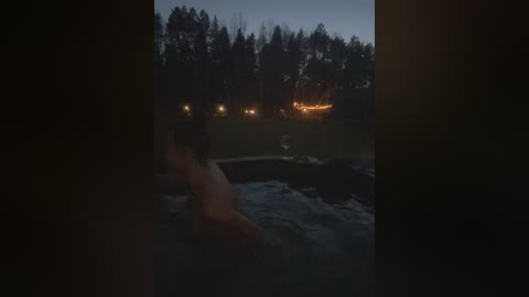 A dimly-lit video of a naked woman, possibly of Caucasian ethnicity, with long dark hair, standing in a shallow pool of water at dusk. Tall, dark trees and distant campfire lights frame the scene.