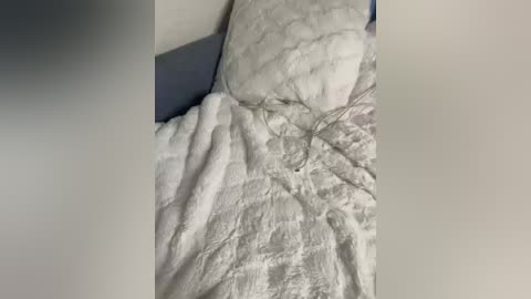 Video of a white quilted bedspread with a wrinkled texture, resting on a grey pillow, occupying the center of the frame. The background is a neutral, light grey wall.