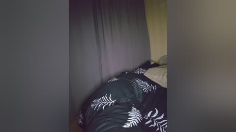 A video of a corner of a bedroom, featuring a dark green wall and a bed with black and white leaf-patterned bedding. The room is dimly lit, with soft shadows and minimal decor.
