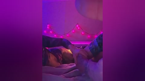 Video of a dimly-lit bedroom with pink and purple lighting, featuring a person in a furry suit engaging in a sexual act with a person's erect penis.