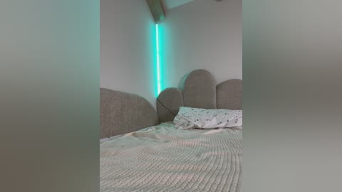 A video of a minimalist, modern bedroom with a cozy, light-colored knit blanket, a white pillow with tiny black polka dots, and a soft gray upholstered headboard featuring a paw design. The room is softly lit with a green LED strip light on the wall.