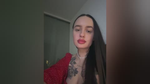 Video of a fair-skinned woman with long black hair, wearing a red, sequined top, and a black veil. She has a tattoo on her left shoulder and wears a silver necklace.