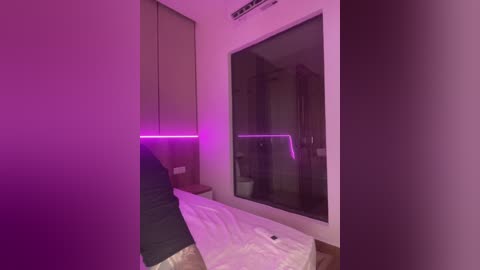 Video of a modern bedroom with a bed, purple LED strip lighting, and large window, bathed in a soft purple glow.