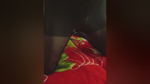 Video of a person's legs in sheer black stockings, visible tattoos, wearing a red floral-patterned blanket, taken in a dimly lit room.