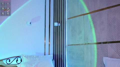 Video of a modern bathroom with a large, curved glass shower door and a white wall. The shower door has a green light, and the wall features vertical metal strips.