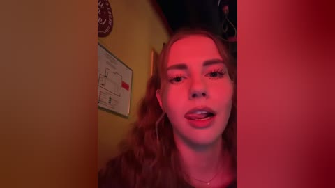 Video of a young woman with light skin, brown hair, and a slight smile, taken indoors with a red light filter. She's wearing a dark top.