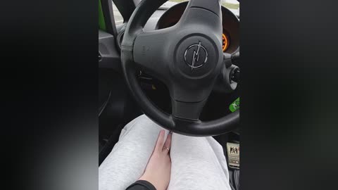 Video of a person's legs wearing gray sweatpants, seated in a car with a black steering wheel, a green dashboard, and a blurred background.