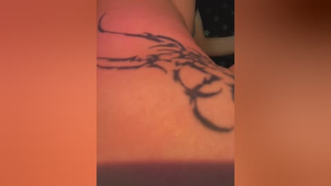 Video of a tattoo on a person's upper arm, featuring a stylized, black inked depiction of a skull with elaborate, curved lines and shading. The background is blurred, with warm tones.