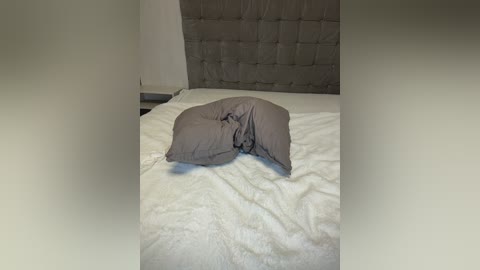 Video of a gray pillow lying on a white bed in a minimalist room with a tufted, gray headboard. The bed is centered in the frame, and the background is plain and unadorned.