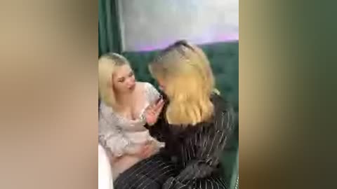 Video of two women, one with platinum blonde hair in a white top, the other with long blonde hair in a black dress, leaning towards each other in an intimate, possibly romantic setting.