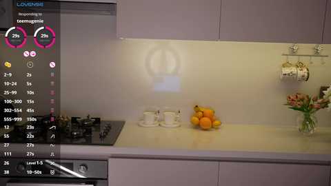 Video of a modern, minimalist kitchen with white cabinets, stainless steel appliances, and a sleek countertop. A fruit bowl with oranges sits on the counter, and a vase with pink flowers adorns the wall. Digital screen overlay displays health metrics.