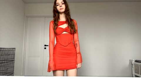 Video of a slender, fair-skinned woman with long wavy brown hair, wearing a sheer, red, long-sleeve dress with crisscross straps, standing in a minimalist, white-walled room with a door and wire basket in the background.