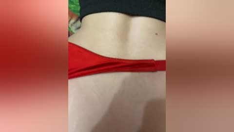 Video of a woman's lower back and waist, showing a red thong, fair skin, and green leaf patterned top.