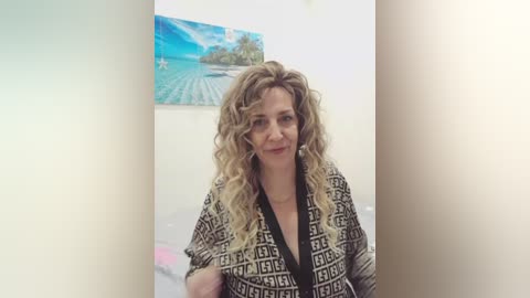 Video of a smiling, middle-aged woman with curly blonde hair, wearing a black and white patterned robe, standing in a room with a beach painting on the wall.