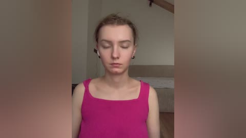 A video of a young Caucasian woman with short, light brown hair, wearing a bright pink tank top, standing indoors with eyes closed, in a dimly lit room.