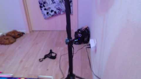 A video of a cluttered room with a wooden floor, a black microphone stand, a black duffel bag, and a pair of brown shoes on the left, and a white wall with a black and white patterned tapestry hanging on it.