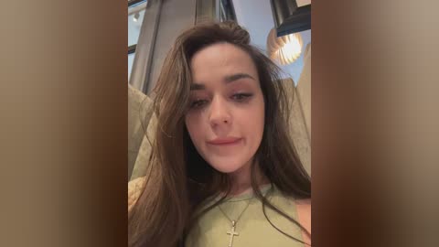 Video of a young woman with long brown hair, fair skin, and a serene expression, wearing a green top, sitting in a car.