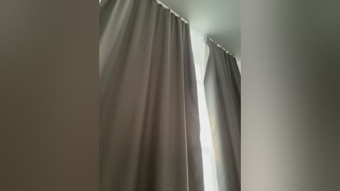 A video of a room with a large window partially covered by beige curtains, allowing soft, diffused sunlight to filter in. The walls are painted in a light, neutral color, enhancing the serene atmosphere.