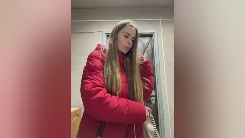 Video of a young, fair-skinned woman with long, straight blonde hair in a bright red puffer jacket and white sneakers, standing indoors near a beige wall and partially open door.