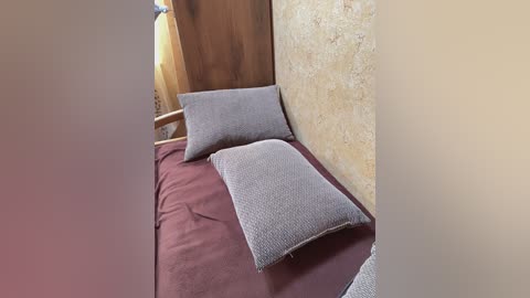 Video of a small, rustic room with a wooden headboard, beige walls, and a red bedspread. Two grey pillows are placed at the head of the bed, which has a textured, woven cover. The lighting is natural, indicating daytime.
