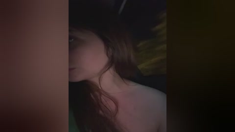 Video of a young woman with long, wet, brown hair partially obscuring her face. She has fair skin and appears to be topless. The background is dark and indistinct.