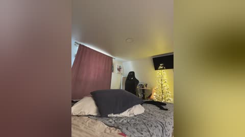 Video of a dimly lit bedroom with a bed, pillows, and a small Christmas tree. A person dressed in black stands near the bed, partially obscured by the curtains.