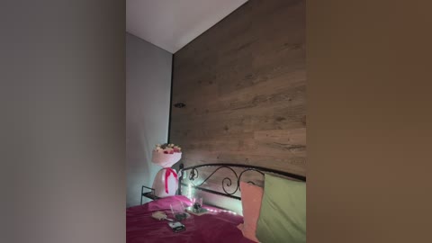 Video of a small bedroom with a wooden wall and a bed featuring a plush teddy bear wearing a red bow. The bedspread is pink, and the room is dimly lit.