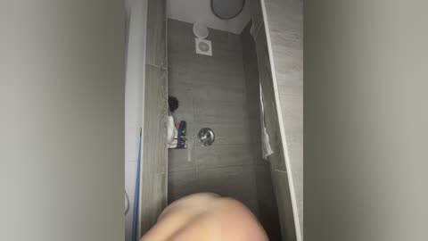 Video of a narrow, modern bathroom with gray tiles, a shower, white toilet, and a person's head in the foreground.