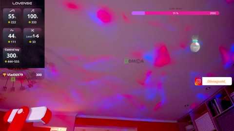 Video of a vibrant, neon-lit room with pink and blue fog, featuring a digital display showing \"Lovenice\" and \"Candle Wax\" game stats.