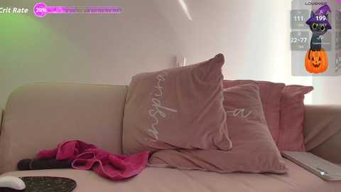 A video shows a pink pillow with \"the spirit\" written on it, placed on a beige couch. A pink bra and a black phone are nearby, with a \"Halloween\" overlay in the background.