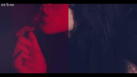 A split image: Left shows a woman's hand in red light, fingers entwined. Right shows a person's face in deep shadow, eyes closed, hinting at a dramatic, intimate moment.