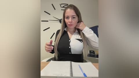 Video of a blonde woman in a black-and-white blouse, sitting at a desk, making a thumbs-up gesture. A large, wall-mounted clock with black hands is behind her, and a spiral notebook is on the desk.