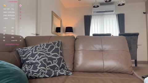 Video of a modern living room with beige leather sofa, patterned black and white cushion, and white walls. Air conditioner, dining table, and window with curtains in background.