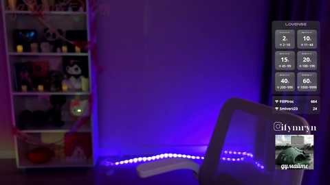 Video of a dimly-lit room with purple LED lights, a white chair, and a bookshelf filled with stuffed toys, a \"Lovelivemore\" app screen on the right, and a small green car on the floor.