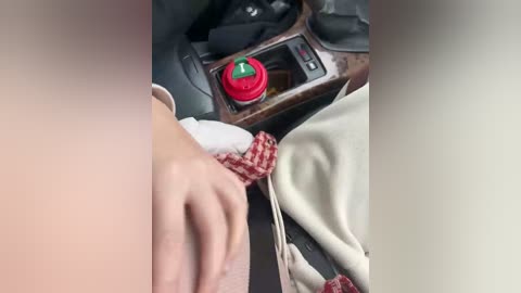 Video of a person's hand gripping a red emergency brake handle inside a car, with beige leather seats and a wooden dashboard visible in the background.