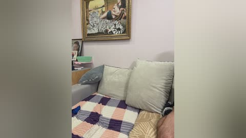 A video of a cozy living room with a light gray couch, a colorful patchwork blanket, a framed family portrait, and a wooden side table holding various objects.