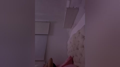 A dimly-lit video of a minimalist, modern bedroom with a tufted white headboard, a white ceiling light, and a pink pillow.