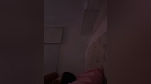 A dimly lit video captures a young child, possibly Caucasian with light skin, lying in bed, partially obscured by a pink blanket. The room is dimly lit with a white wall and a small window.