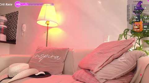 Video of a cozy living room with a beige sofa, a lamp, a hat, and a leafy plant, lit by warm, soft lighting.