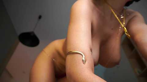 Video of a topless woman with fair skin, medium-sized breasts, and a gold snake bracelet, posing indoors with a blurred black lampshade in the background.