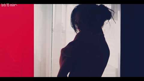 A silhouette video of a woman with dark hair, partially obscured by a white curtain, against a red and black gradient background. She appears to be topless, with her arms crossed.