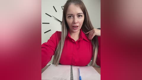 Video of a Caucasian woman with long, blonde-streaked brown hair, wearing a red blouse, holding a pen, sitting at a desk with a clock on the wall.