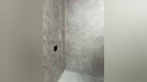 A video of a corner in a room with light grey, textured walls and a white, ribbed floor. A black, circular object is affixed to the wall, possibly a light switch or electrical outlet. The room has a minimalistic, industrial aesthetic.