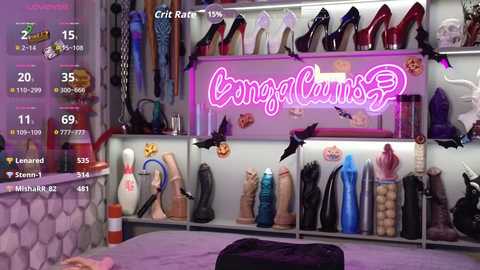 Video of a colorful, neon-lit bedroom with shelves displaying various vibrators, dildos, and sex toys. A bed with purple bedding is visible in the foreground.