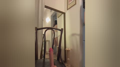 A video shows a narrow hallway with beige walls, a wooden chair, and a pink dildo resting on the floor, partially reflected in a mirror.